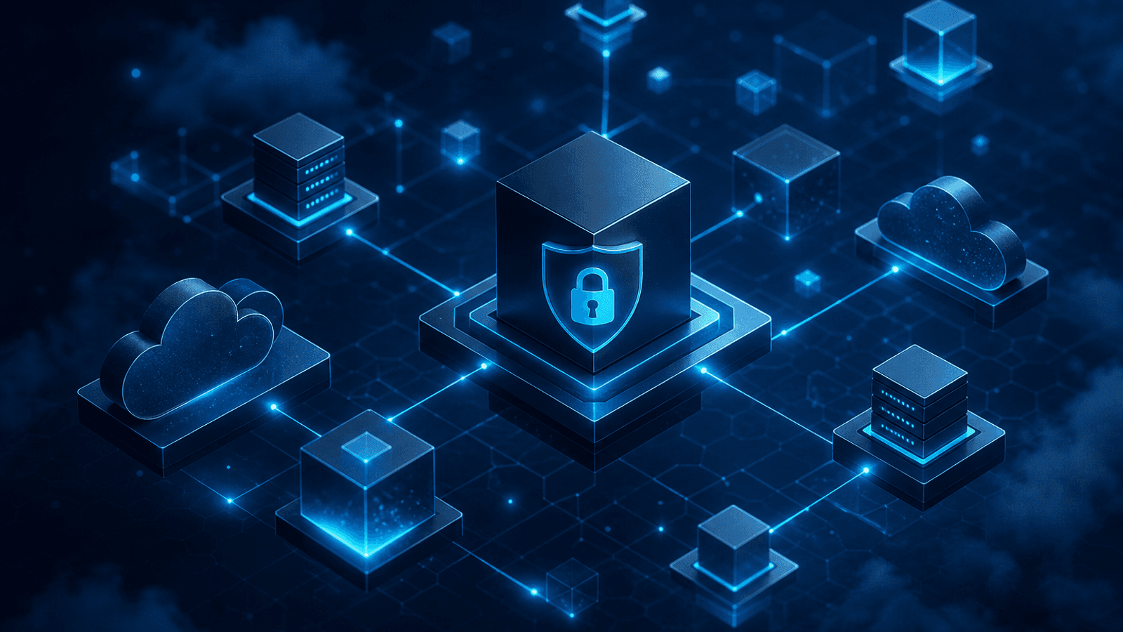 Blocos digitais conectados a um ponto central com cadeado, representando controle de domínio e contas.