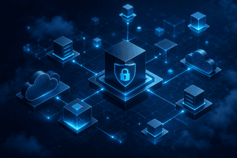 Blocos digitais conectados a um ponto central com cadeado, representando controle de domínio e contas.