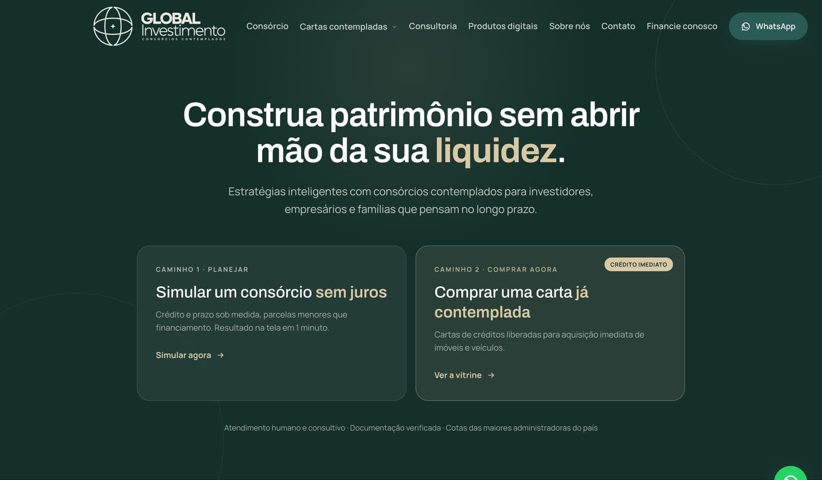 Página inicial do site da Global Investimento