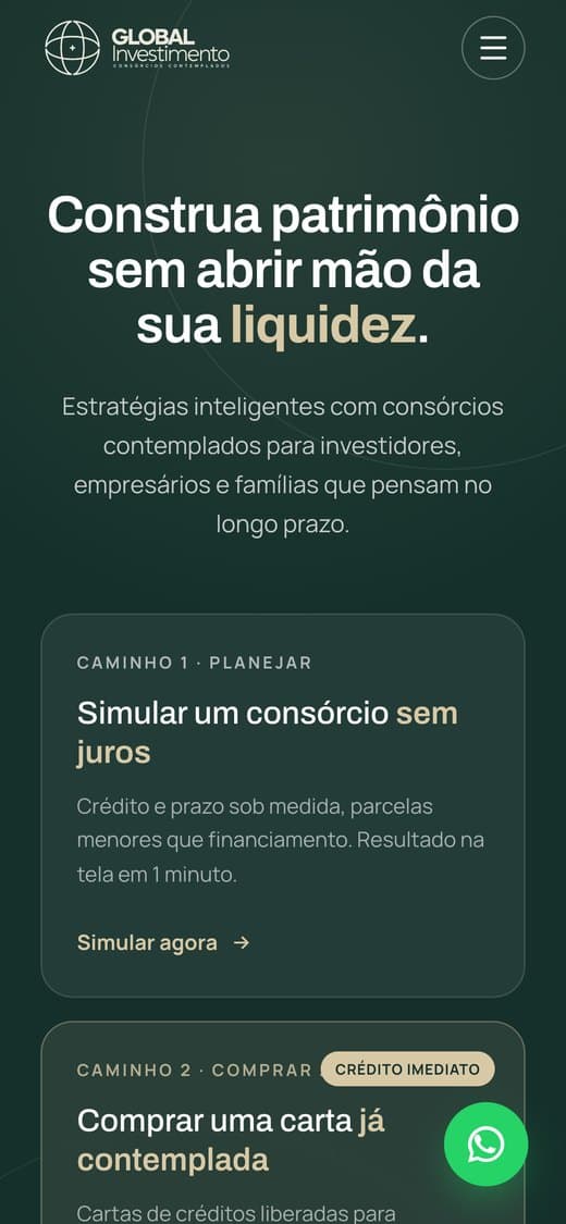 O site da Global Investimento no celular