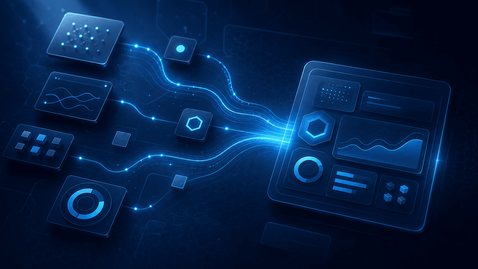 Módulos digitais abstratos sendo conectados em um fluxo organizado.