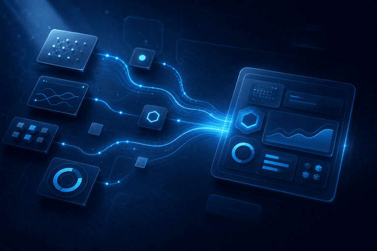 Módulos digitais abstratos sendo conectados em um fluxo organizado.