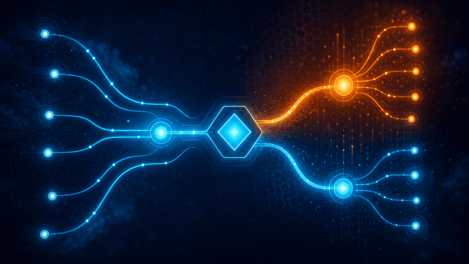 Fluxo abstrato de atendimento com pontos conectados e uma área de decisão central.