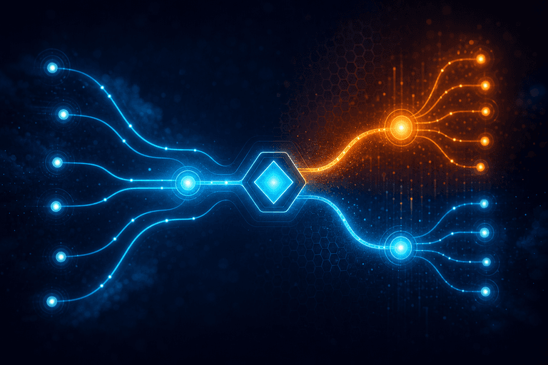 Fluxo abstrato de atendimento com pontos conectados e uma área de decisão central.