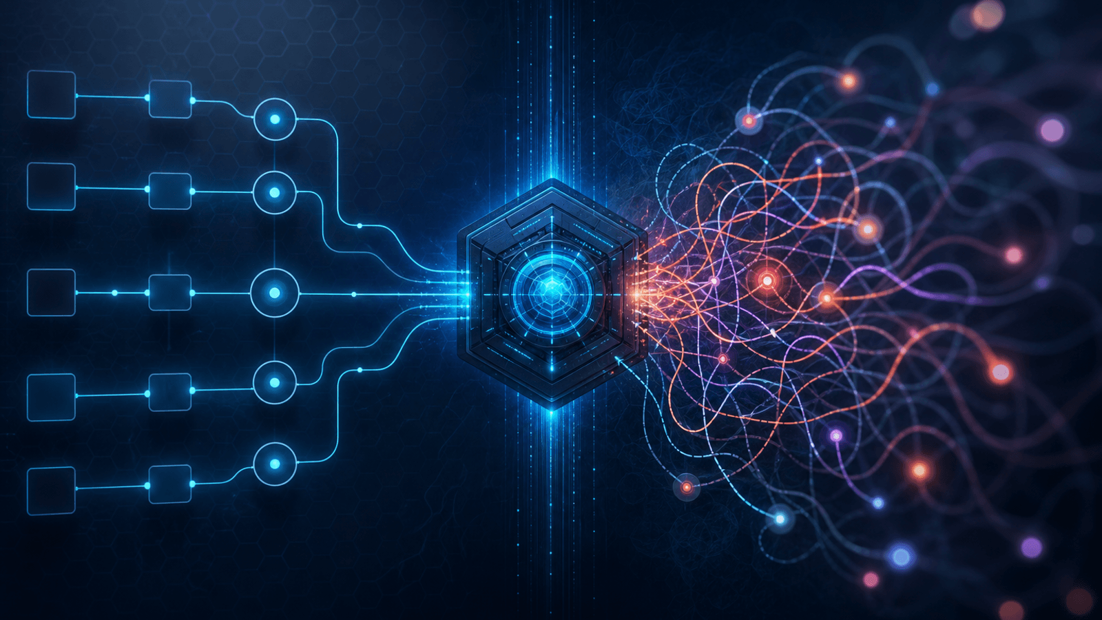 Fluxos abstratos comparando automação organizada e processo confuso amplificado.