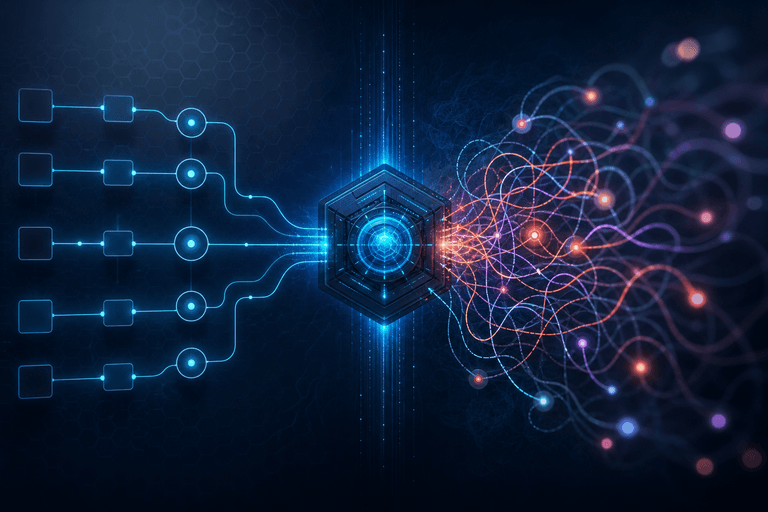 Fluxos abstratos comparando automação organizada e processo confuso amplificado.
