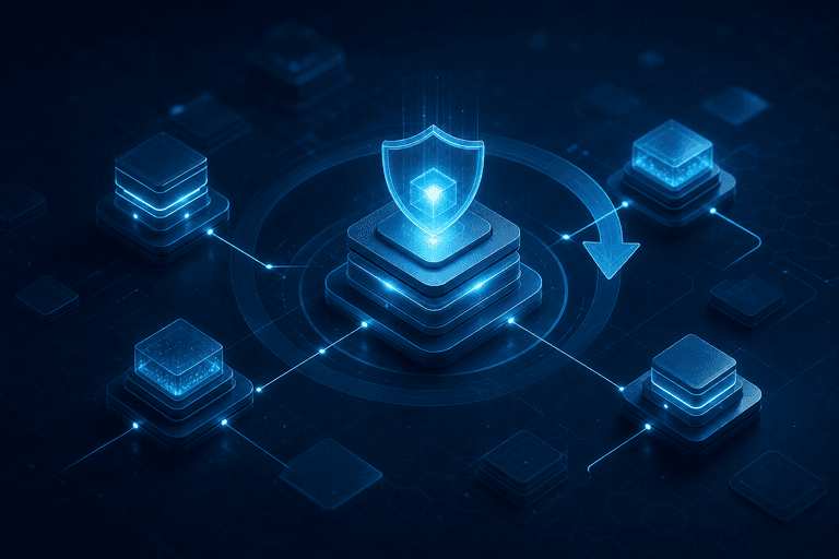 Composição abstrata de camadas digitais protegidas e uma seta de restauração indicando recuperação de dados.