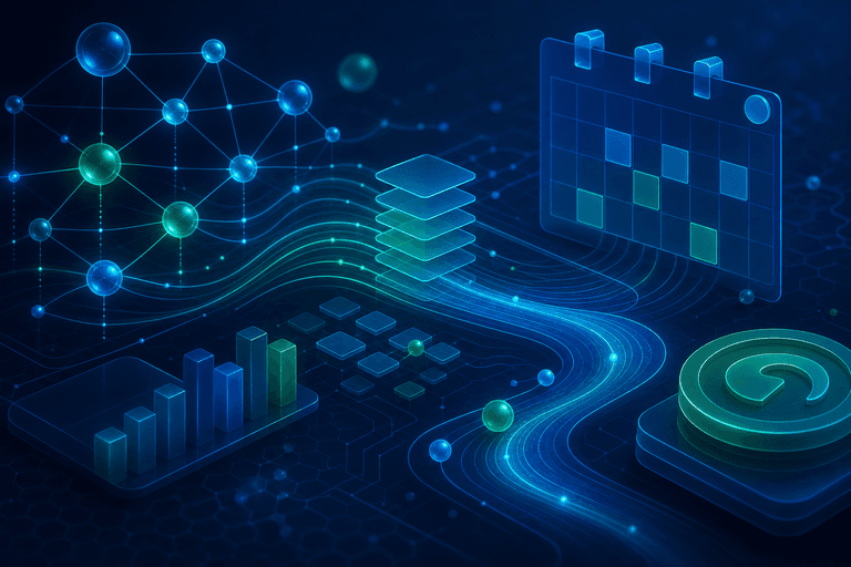 Composição abstrata com fluxos conectados representando automação financeira e cobranças.
