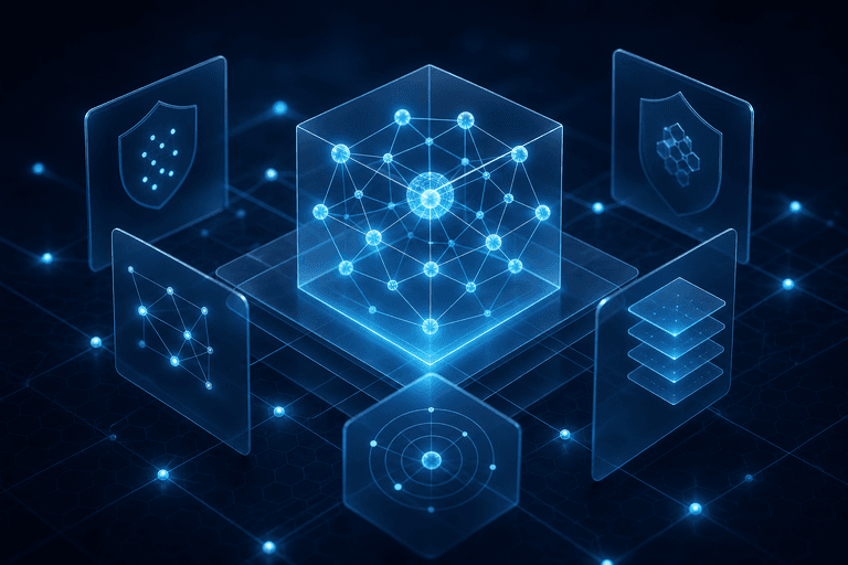 Formas abstratas conectadas por linhas, representando controle e automação com IA.