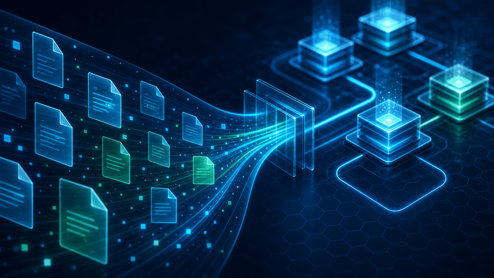 Composição abstrata com arquivos digitais organizados por conexões luminosas.