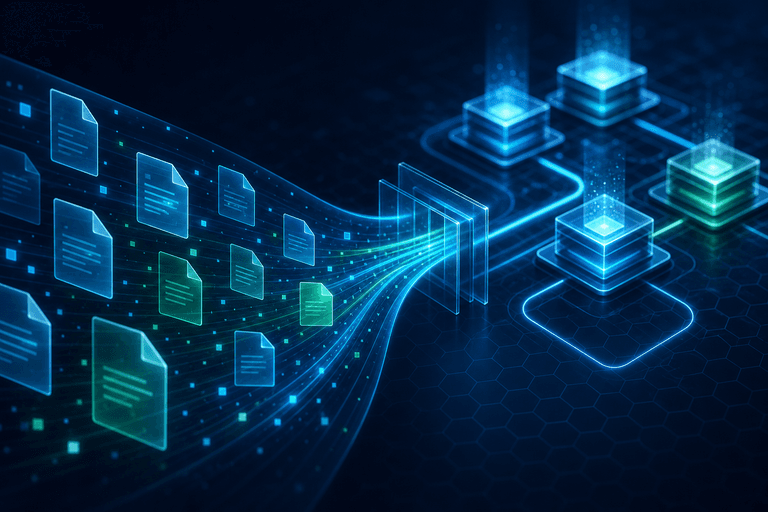 Composição abstrata com arquivos digitais organizados por conexões luminosas.
