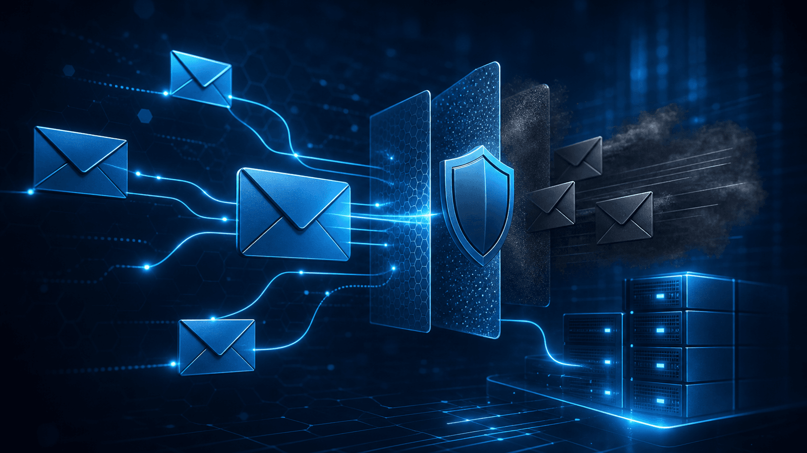 Ilustração abstrata de e-mails, filtros e proteção digital em tons de azul e cinza.
