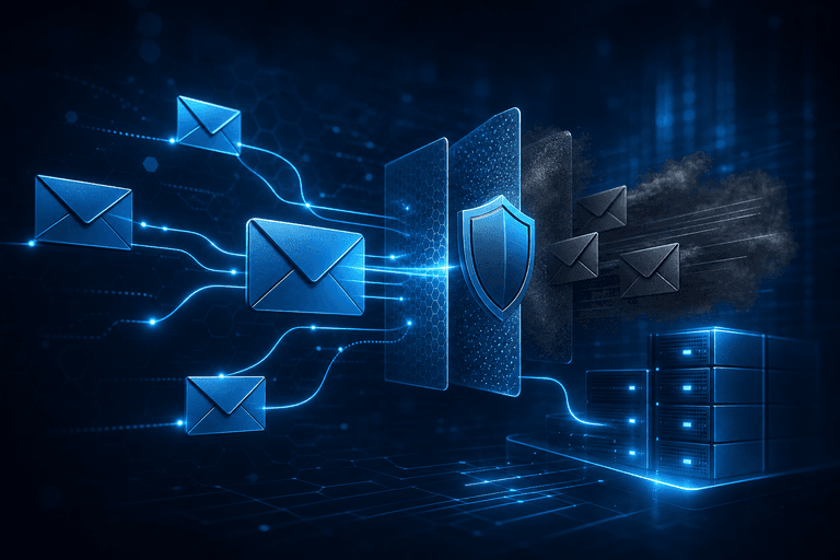 Ilustração abstrata de e-mails, filtros e proteção digital em tons de azul e cinza.
