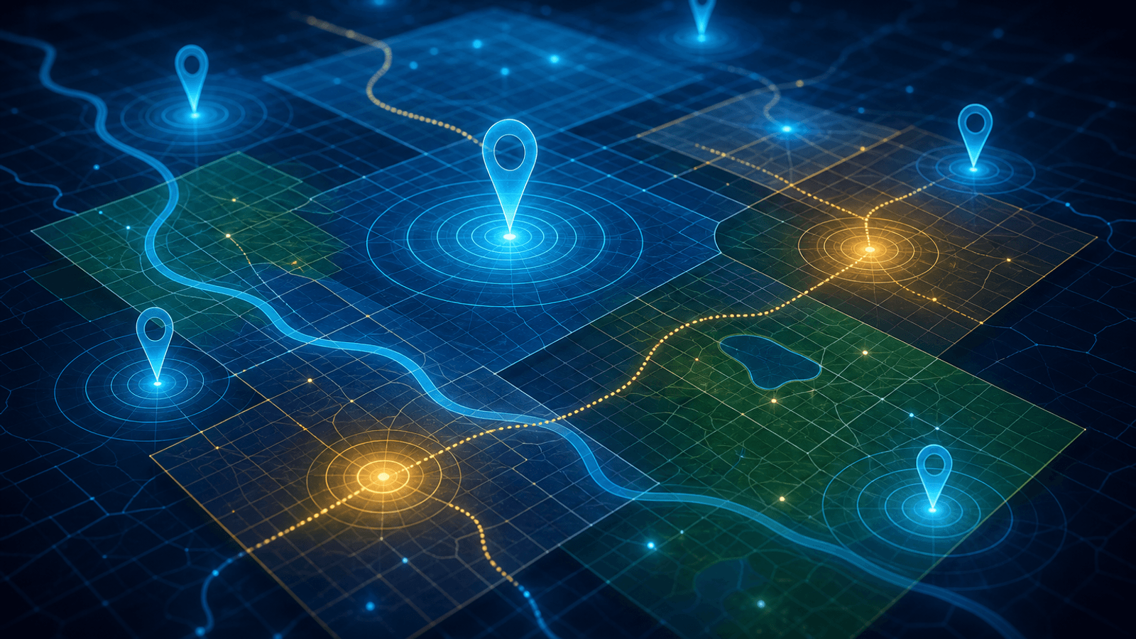 Mapa abstrato com pontos de localização e caminhos destacados em uma região.