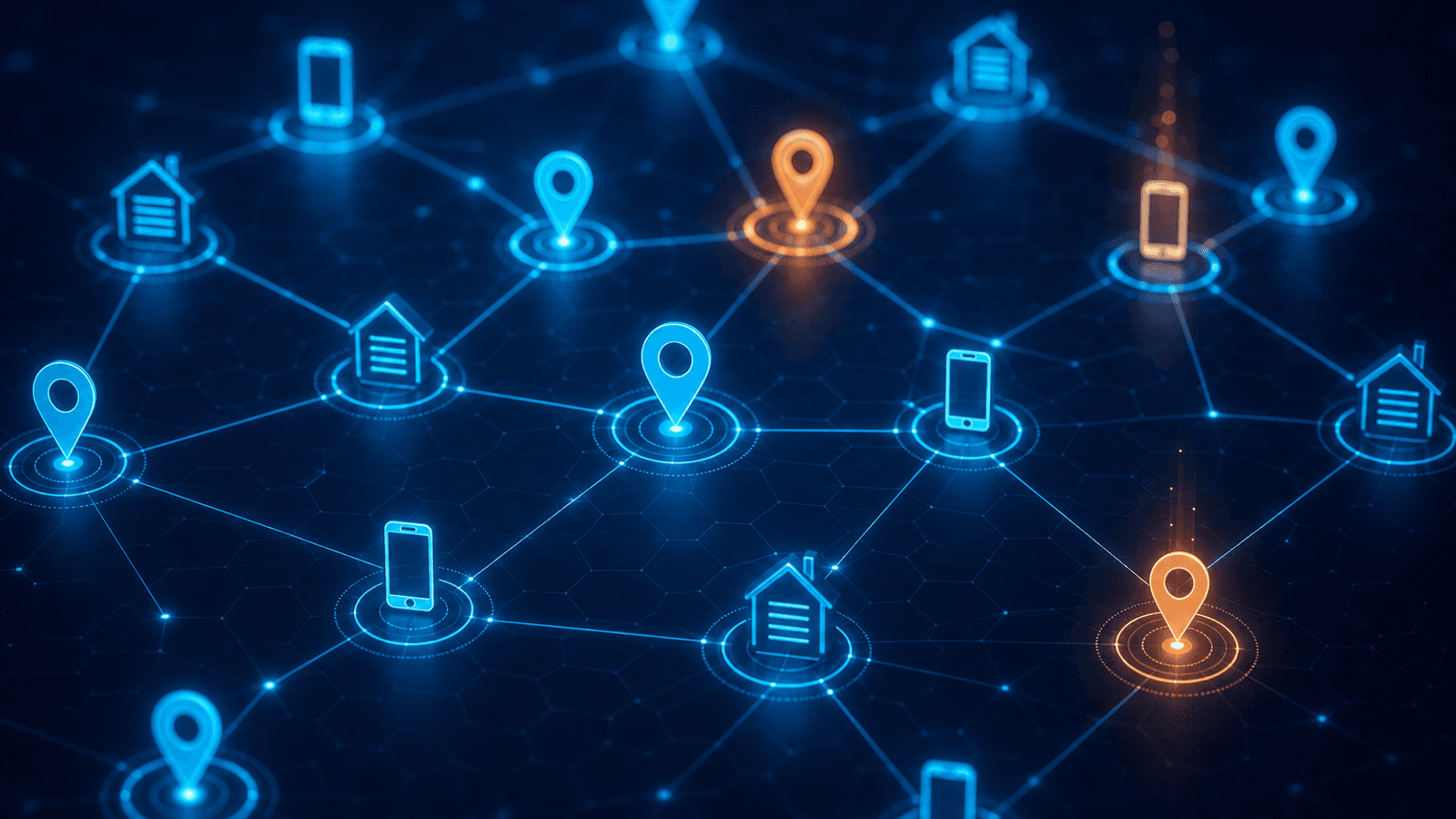 Rede abstrata de pontos de localização e contato com alguns dados desencontrados em destaque.