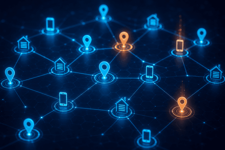 Rede abstrata de pontos de localização e contato com alguns dados desencontrados em destaque.