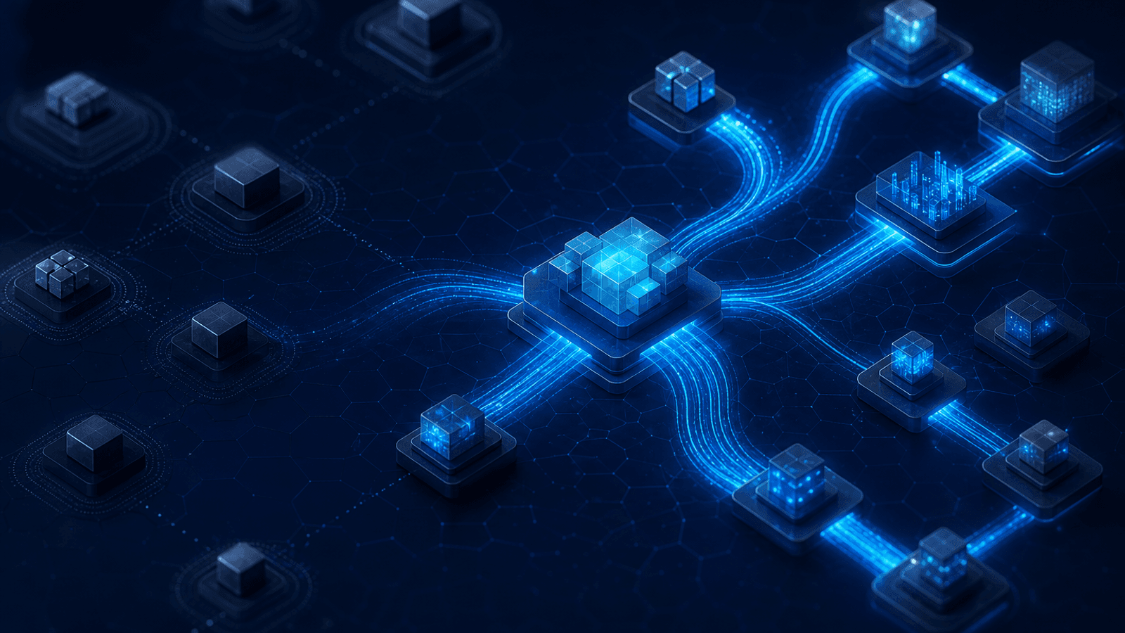 Blocos digitais conectados por fluxos de dados em um mapa abstrato.