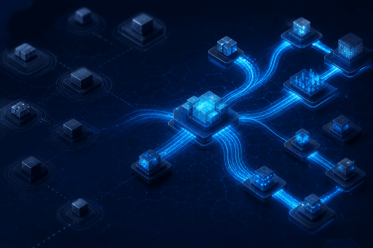 Blocos digitais conectados por fluxos de dados em um mapa abstrato.