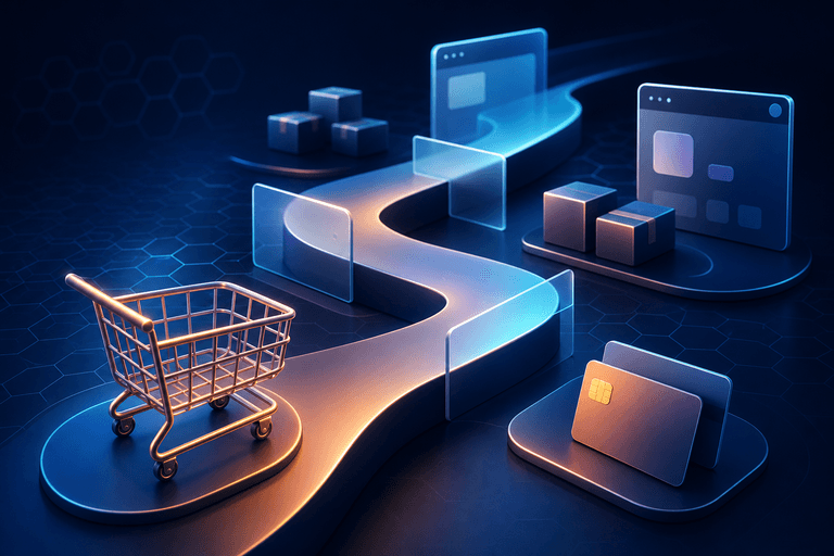 Caminho abstrato de compra online com carrinho e obstáculos digitais.