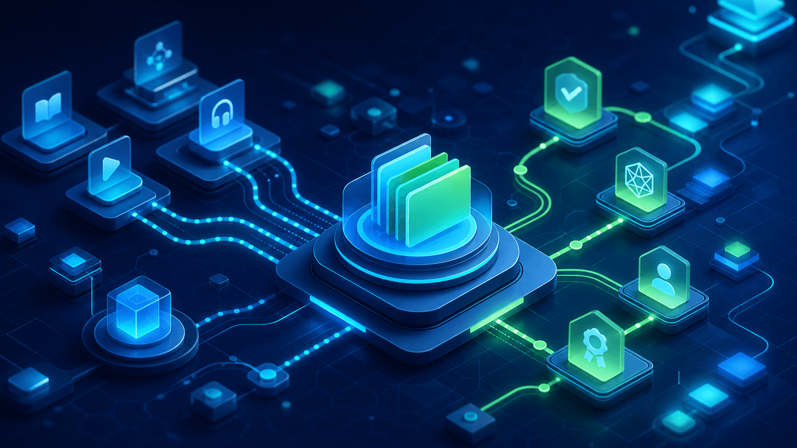 Blocos digitais conectados representando uma plataforma de treinamento interno.