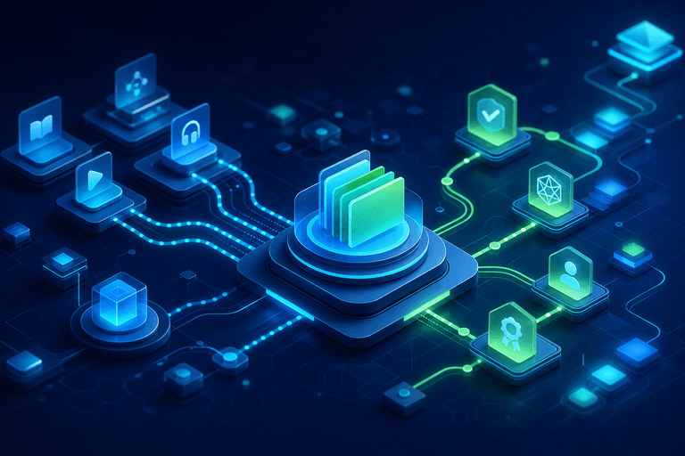 Blocos digitais conectados representando uma plataforma de treinamento interno.