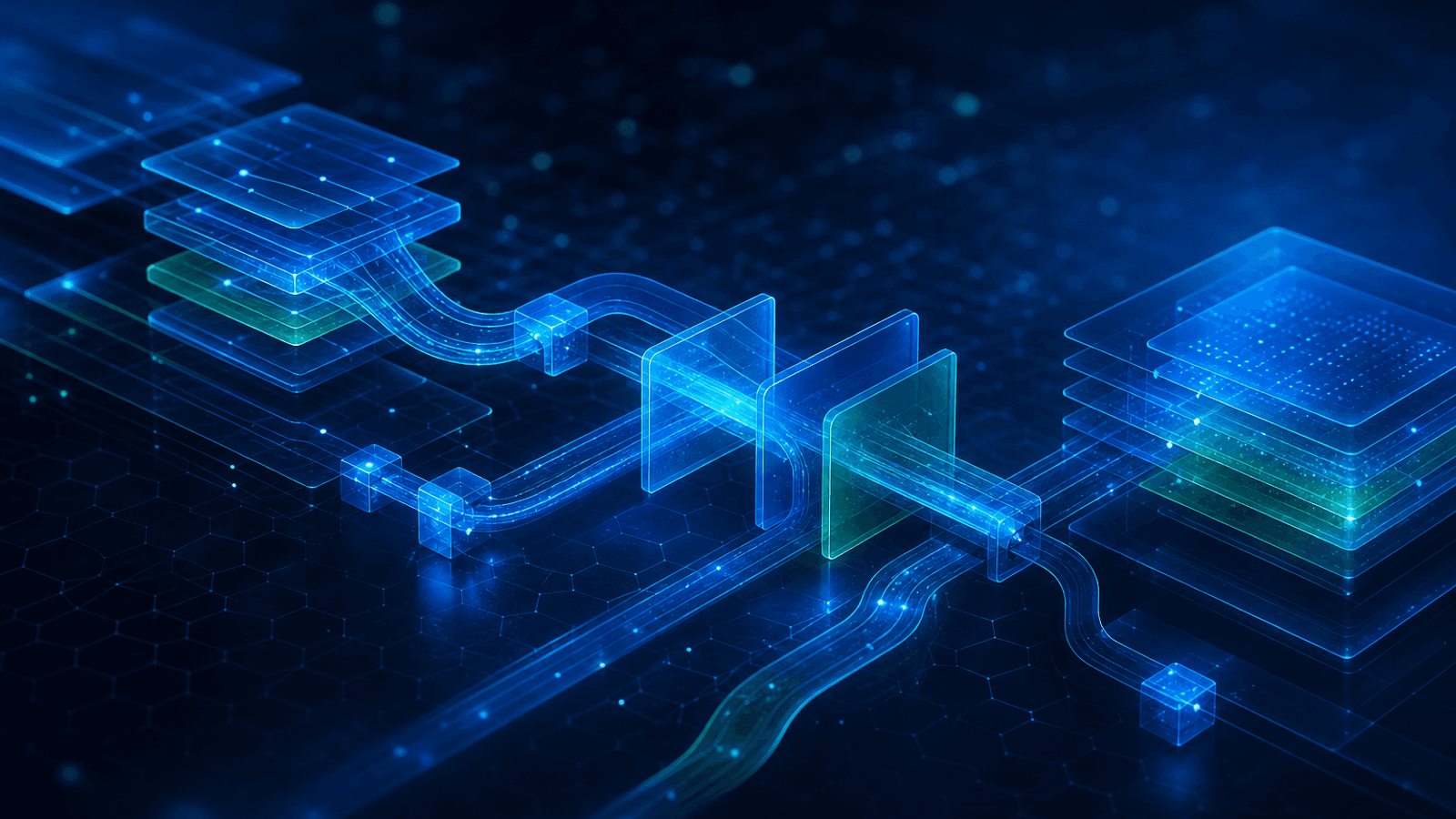 Formas abstratas conectadas representando sistemas integrados e fluxo de informações.