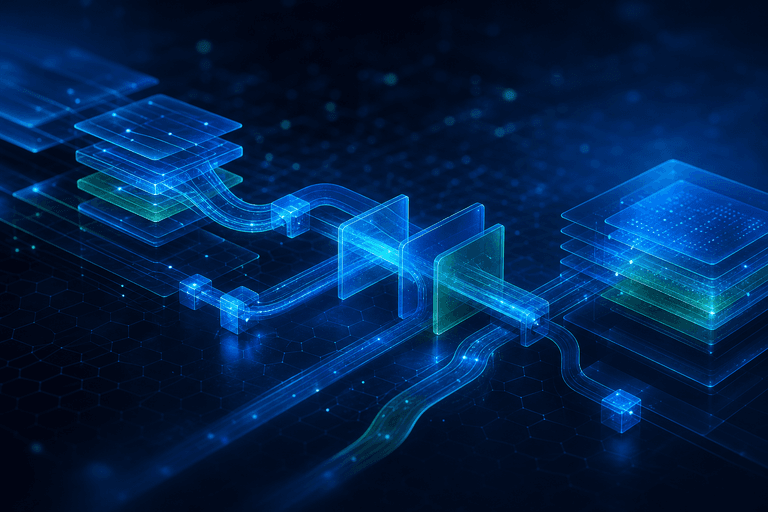 Formas abstratas conectadas representando sistemas integrados e fluxo de informações.