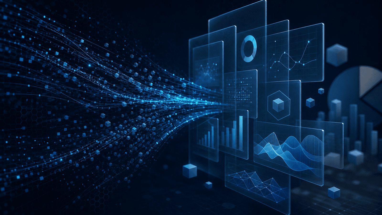 Formas abstratas conectadas representando dados organizados em relatórios automáticos.