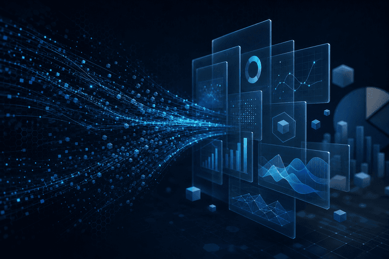 Formas abstratas conectadas representando dados organizados em relatórios automáticos.