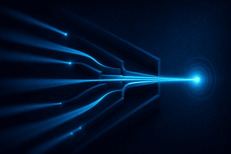Fluxos abstratos de luz concentrados em um ponto, simbolizando verba de mídia bem direcionada.